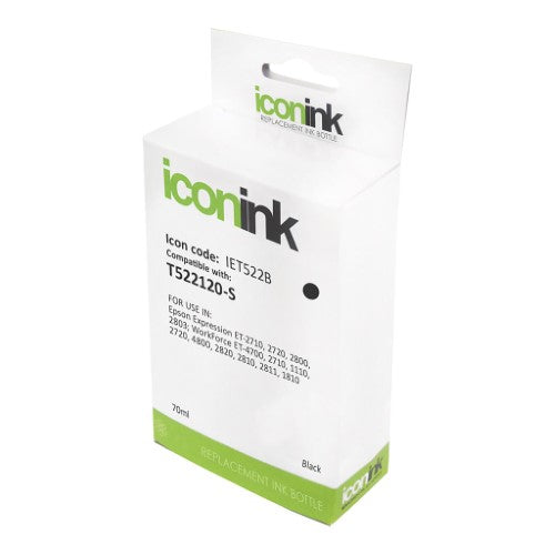 Icon Compatible Epson T522 Black Ink Bottle, 70ml, prints up to 4,500 pages for EcoTank printers with professional quality.