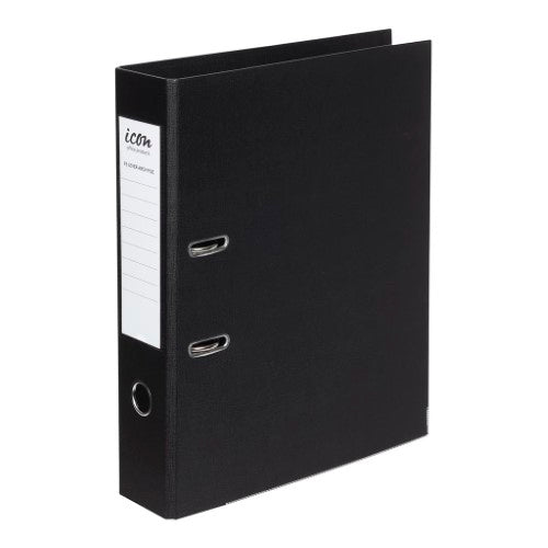 Black lever arch file with linen-look cover, 75mm spine, metal edge protectors, and strong locking mechanism for document organization.