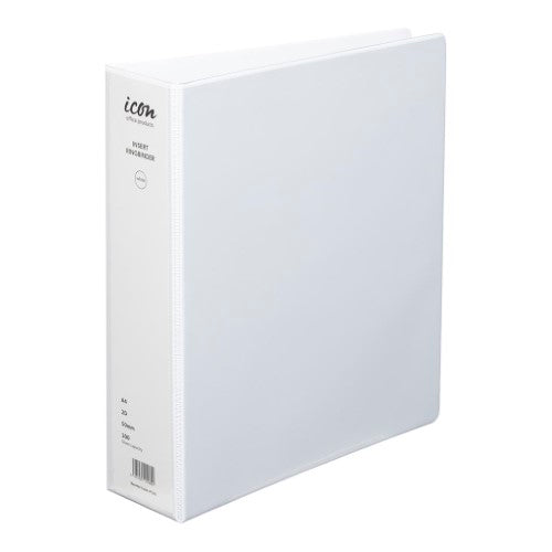 A4 white binder with 50mm spine, 2D ring mechanism, and clear pockets for personalized document organization.