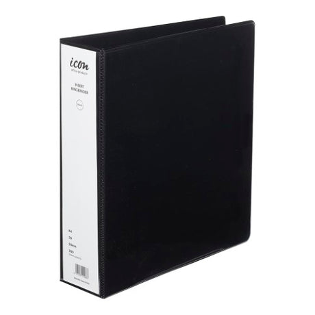 Black A4 Icon Insert Binder with 50mm spine, 2D ring clip, and customizable cover for organized document storage.