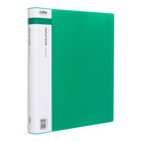 A4 green display book with 60 pockets and customizable insert spine for organizing documents securely.