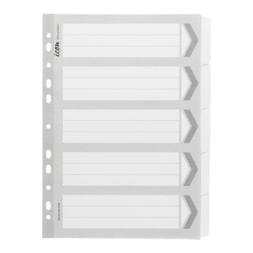 Sturdy white cardboard dividers with reinforced plastic tabs for organizing documents, featuring 5 blank tabs and A4 size.