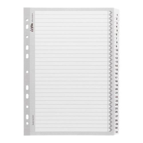 Organize documents with durable 1-31 white cardboard indices featuring reinforced tabs and multi-punched spine for A4 binders.