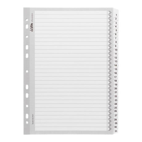 Organize documents with durable 1-31 white cardboard indices featuring reinforced tabs and multi-punched spine for A4 binders.