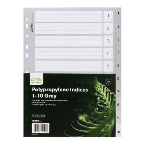 Grey polypropylene document indices 1-10, durable, multi-punched for binders, ideal for organizing papers efficiently.