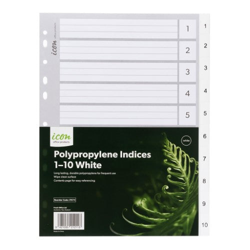 White polypropylene indices 1-10 for organizing documents in binders with durable, tear-resistant design.