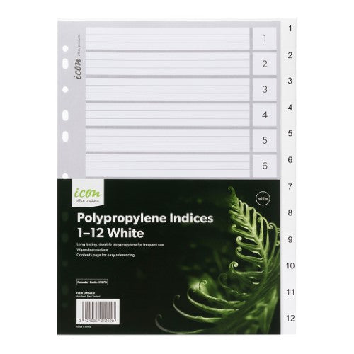 Durable white polypropylene indices with 1-12 tabs, perfect for organizing documents in binders for office or school use.