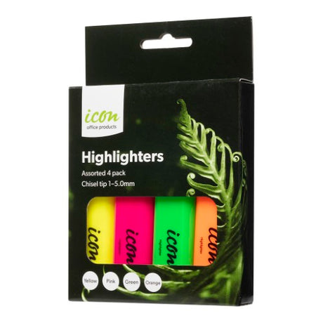 Assorted pack of 4 Icon Highlighters with chisel tips for versatile, vibrant highlighting and organizing tasks.