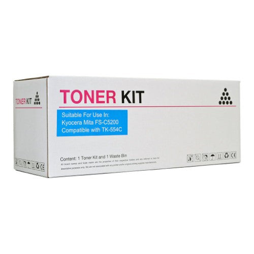 Icon Compatible Kyocera TK554 Cyan Toner Cartridge for vibrant prints, 6,000-page yield, easy installation for Kyocera printers.