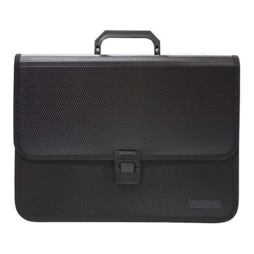 Black OSC Expanding File with 3 pockets, secure clip, and sturdy handle for A4 document organization.