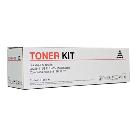 Compatible black toner cartridge for OKI B411/B431, high yield up to 4,000 pages, exceptional print quality.