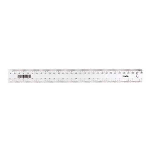 Pack of 25 clear 30cm plastic rulers with bevelled edges and metric measurements on both sides.