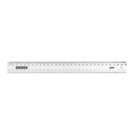 Pack of 25 clear 30cm plastic rulers with bevelled edges and metric measurements on both sides.