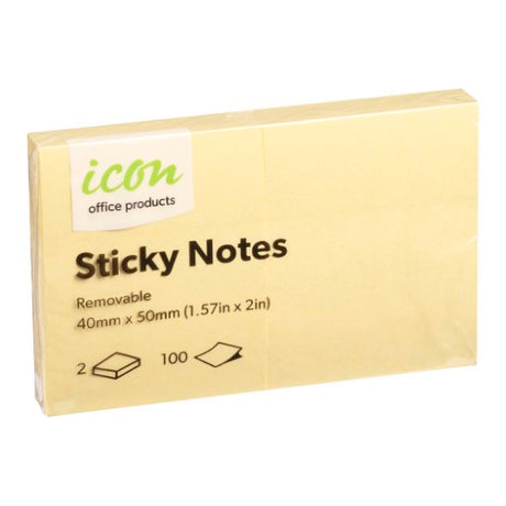 Yellow Icon Sticky Notes, 40mm x 50mm, 100 sheets per pad, perfect for notes on any horizontal surface.