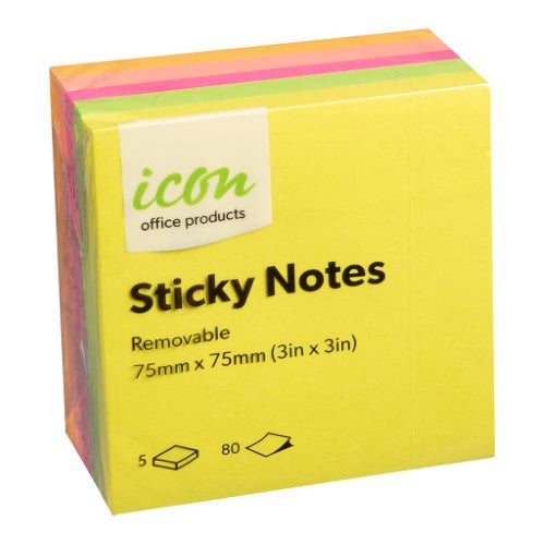 Vibrant Icon Sticky Notes in neon colors, 75mm x 75mm, 5 pack for organizing ideas and reminders effectively.