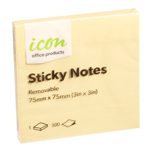 Bright yellow Icon Sticky Notes, 75mm x 75mm, pack of 12, perfect for reminders and organization.