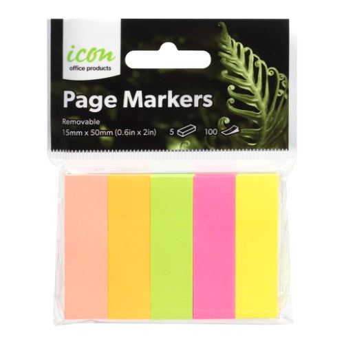 Vibrant Neon Icon Page Markers in 5 Pack, perfect for organizing and highlighting notes with 15mm x 50mm sticky tabs.