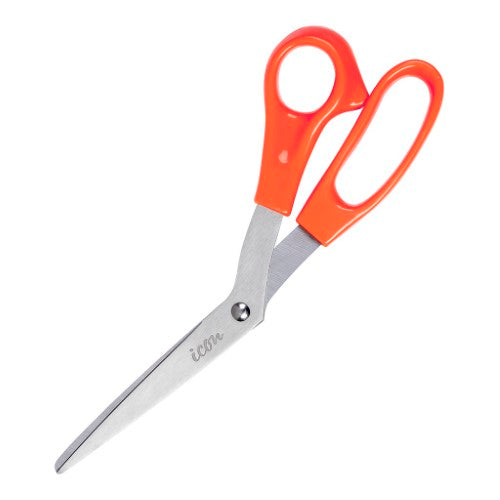 Icon Scissor with orange handle, 8-inch stainless steel blades for versatile cutting in home, office, and classroom.