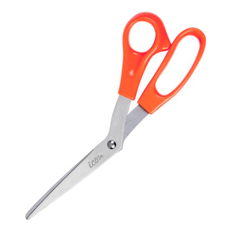 Icon Scissor with orange handle, 8-inch stainless steel blades for versatile cutting in home, office, and classroom.