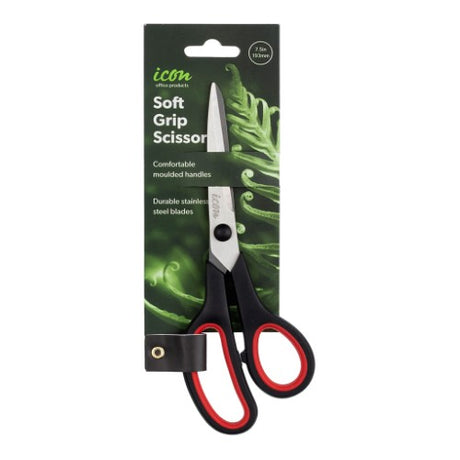 Icon Scissor Soft Grip 7.5 Inch with comfortable black handles, durable stainless steel blades for precise cutting.