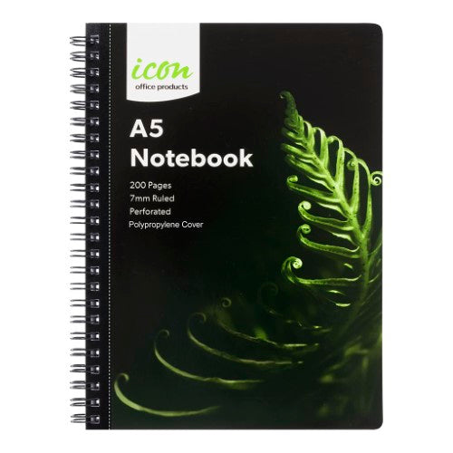 Pack of 3 A5 Icon Spiral Notebooks with durable black PP cover, 200 ruled pages, perfect for organizing notes.