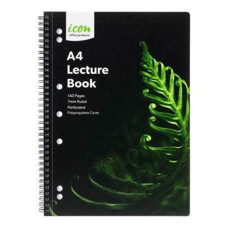 Pack of 3 black A4 spiral notebooks with 140 pages, ruled lines, and durable polypropylene covers for organized note-taking.