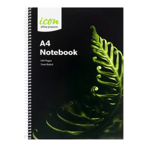 Pack of 3 Icon A4 Soft Cover Spiral Notebooks, 240 pages each, with 7mm ruled lines and lay-flat design.