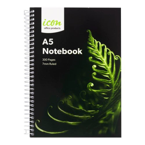 Pack of 3 Icon A5 Spiral Notebooks with soft covers, 300 pages, lay-flat design, and 7mm ruled lines for organized writing.