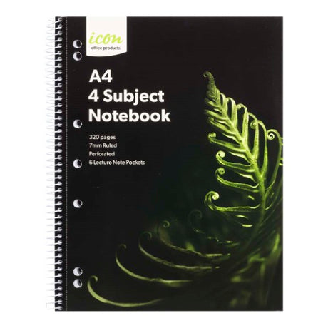 A4 soft cover 4 subject notebook with 320 pages, perforated for easy removal and includes pocket dividers.