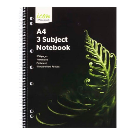 A4 soft cover notebook with 300 perforated, 7mm ruled pages and three section dividers for organized note-taking.