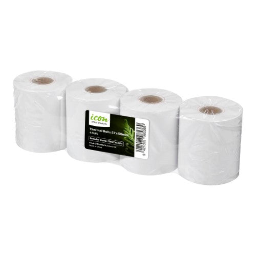 Pack of 4 Icon Thermal Rolls, 57x50mm, designed for clear, reliable receipts in EFTPOS and cash register systems.