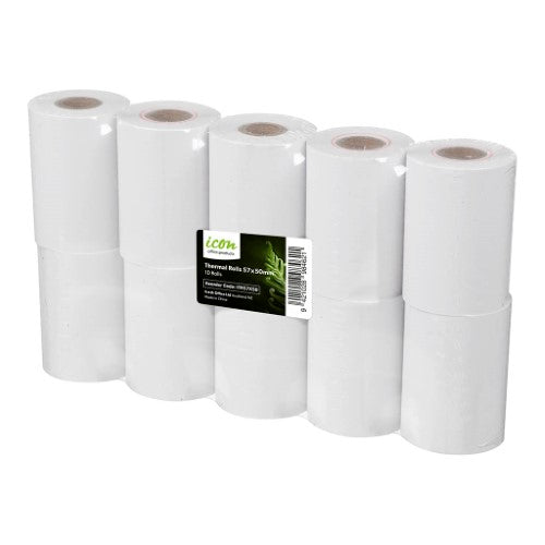 Pack of 10 Icon Thermal Rolls 57x50mm for clear printing in EFTPOS machines and cash registers. Ideal for business transactions.