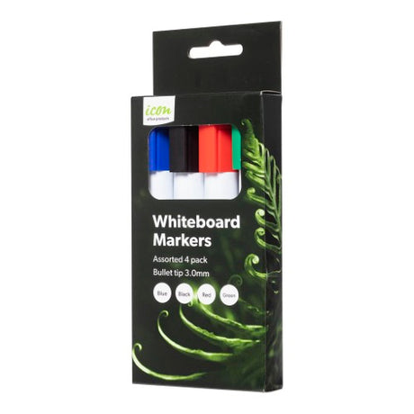 Assorted pack of 4 Icon Whiteboard Markers featuring bullet tips in black, blue, red, and green for vibrant writing.