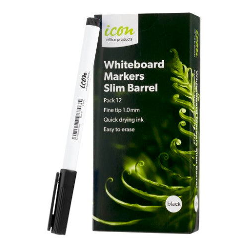 Icon Whiteboard Marker Slim Barrel Fine Tip Black (Pack of 12)