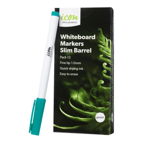 Icon Whiteboard Marker Slim Barrel Fine Tip Green (Pack of 12)