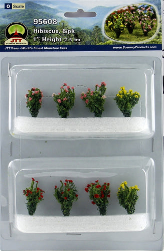 Vibrant Hibiscus (8) model flowers enhancing miniature landscapes with lifelike colors and intricate details.