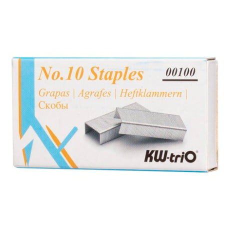 KW-triO No.10 staples, box of 1000, galvanized steel with sharp points for smooth stapling, ideal for home and office use.