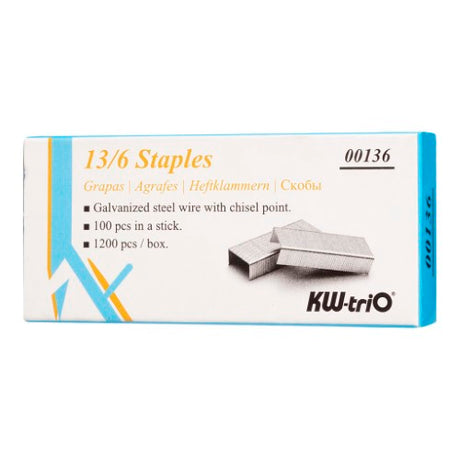 Box of 1200 KW-triO 13/6 staples, galvanized steel with sharp chisel points for reliable stapling in offices and schools.