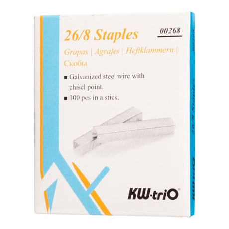 Box of 1000 KW-triO 26/8 staples, made from galvanized steel with precision chisel points for reliable stapling.