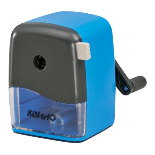 KW-triO blue desktop pencil sharpener with adjustable fit for 7-11.6mm pencils and built-in shaving container.