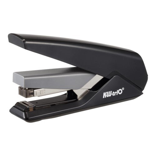 KW-triO Effortless Flat Clinch Stapler in black and grey, featuring a lever-tech steel mechanism and 30-sheet capacity.