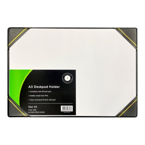 Sleek OSC A3 desk pad holder in PVC with gold trim, includes 50-leaf notepad for organized workspace.
