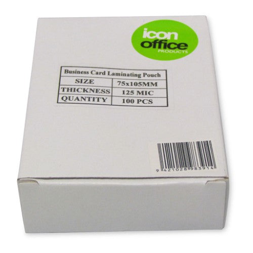 Pack of 100 Icon 125micron laminating pouches for ID cards, 75x105mm, ensuring durability and vibrant clarity.