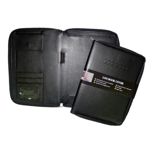 Sleek black leather-look log book cover with pockets for cards, pen holder, and secure zipper closure for organization.
