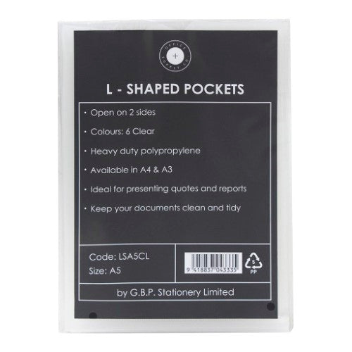 A5 clear L-shaped pockets pack of 6, durable polypropylene, archival-safe, side and top openings, translucent colors.