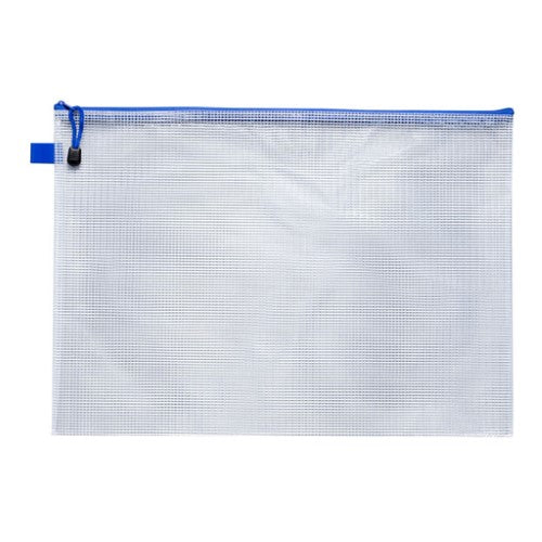 Pack of 12 A3 PVC mesh zipper bags with blue zippers, perfect for organizing documents and stationery.