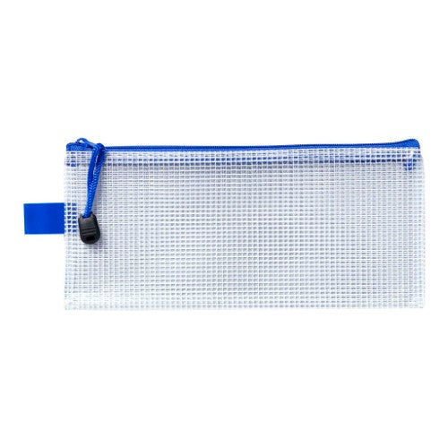 Clear PVC mesh zipper bags in vibrant blue, perfect for organizing stationery, pack of 12, ideal for schools or offices.