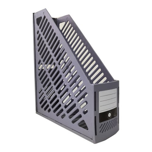Grey OSC Folding Magazine File, compact storage for magazines & catalogs, includes index label, easy to assemble.