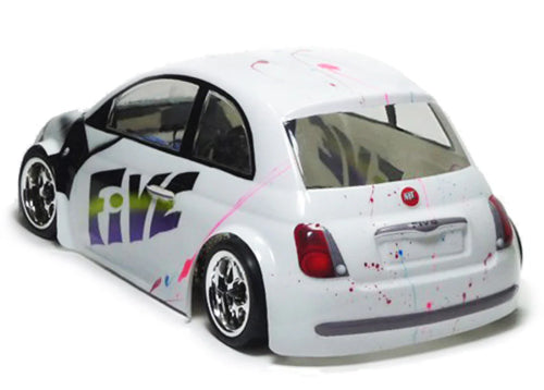 Retro Fiat 500-inspired RC body shell, 160mm wheelbase, with protective film, decals, and durable polycarbonate construction.