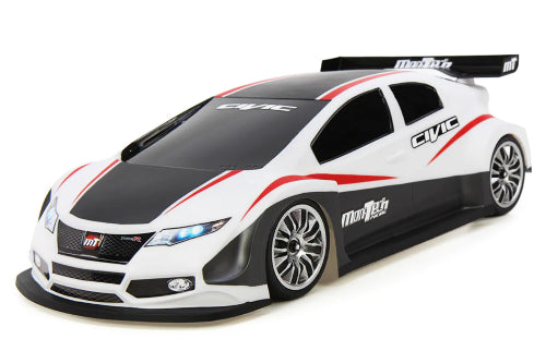 190mm FWD RC body inspired by Honda Civic Type-R with aggressive wing for enhanced downforce and cornering performance.